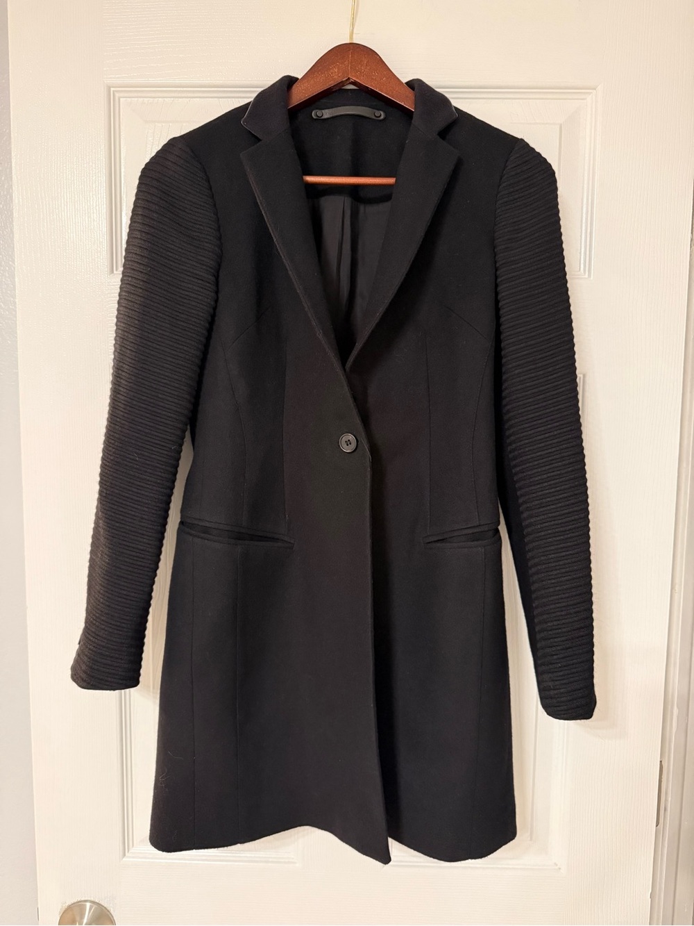 AllSaints Black Long Trench Coat with Ribbed Sleeve Detail